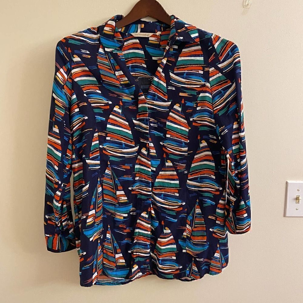 Soft Surroundings Navy Sail Away Sailboat Button Down Shirt  Small